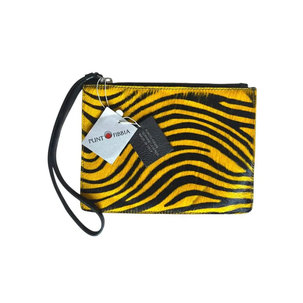 Puntotibea Zebra Print Leather Wristlet Yellow Black Haircalf Clutch NWT Italy - Picture 1 of 3